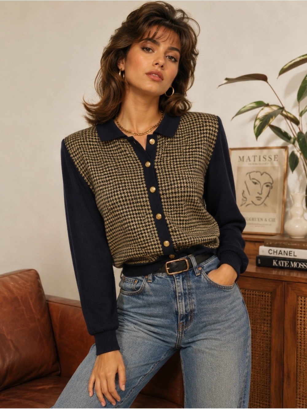 VTG 80s 90s Houndstooth Knit Top Made in USA Cape Cod Sportswear Academia Granny